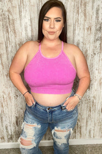 Hot Pink Washed Rib Seamless Cropped Cami Top